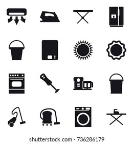 16 vector icon set : air conditioning, iron, iron board, fridge, bucket, kitchen scales, vacuum cleaner, washing machine
