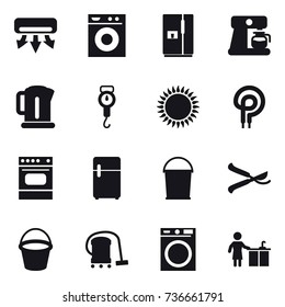 16 vector icon set : air conditioning, washing machine, fridge, coffee maker, kettle, handle scales, bucket, pruner, vacuum cleaner, kitchen cleaning