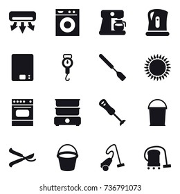 16 vector icon set : air conditioning, washing machine, coffee maker, kettle, kitchen scales, handle scales, spatula, bucket, pruner, vacuum cleaner