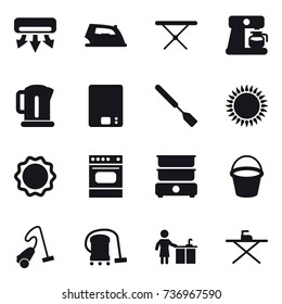 16 vector icon set : air conditioning, iron, iron board, coffee maker, kettle, kitchen scales, spatula, bucket, vacuum cleaner, kitchen cleaning