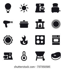 16 vector icon set : air ballon, sun, coffee maker, toaster, hair dryer, pan, fireplace