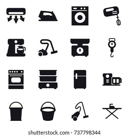 16 vector icon set : air conditioning, iron, washing machine, mixer, coffee maker, vacuum cleaner, kitchen scales, handle scales, bucket, iron board