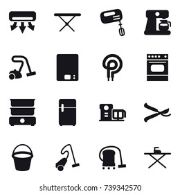 16 vector icon set : air conditioning, iron board, mixer, coffee maker, vacuum cleaner, kitchen scales, pruner, bucket