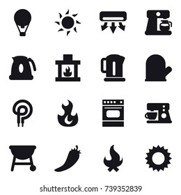 16 vector icon set : air ballon, sun, air conditioning, coffee maker, kettle, fireplace, cook glove, hot pepper, fire