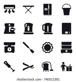 16 vector icon set : air conditioning, iron board, fridge, bucket, coffee maker, kettle, kitchen scales, spatula, pruner, vacuum cleaner, kitchen cleaning