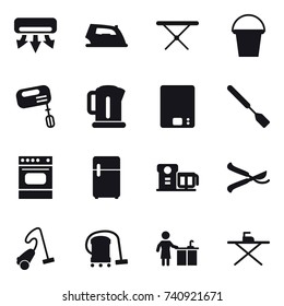 16 vector icon set : air conditioning, iron, iron board, bucket, mixer, kettle, kitchen scales, spatula, pruner, vacuum cleaner, kitchen cleaning