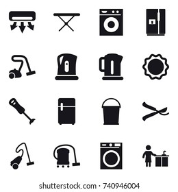 16 vector icon set : air conditioning, iron board, washing machine, fridge, vacuum cleaner, kettle, bucket, pruner, kitchen cleaning