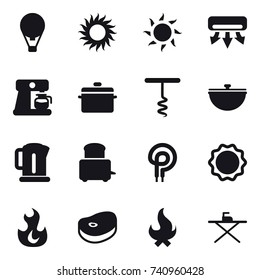 16 vector icon set : air ballon, sun, air conditioning, coffee maker, pan, corkscrew, cauldron, kettle, fire, iron board