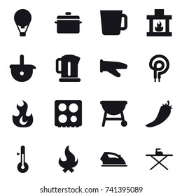 16 vector icon set : air ballon, pan, cup, fireplace, kettle, cook glove, hot pepper, thermometer, fire, iron, iron board