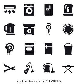 16 vector icon set : air conditioning, washing machine, fridge, kettle, kitchen scales, handle scales, bucket, pruner, vacuum cleaner, iron board