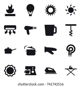 16 vector icon set : air ballon, sun, air conditioning, hair dryer, cup, corkscrew, saute pan, steam pan, cook glove, iron, iron board