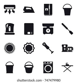 16 vector icon set : air conditioning, iron, fridge, bucket, kettle, kitchen scales, spatula, washing machine, iron board