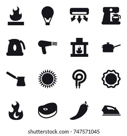 16 vector icon set : air ballon, air conditioning, coffee maker, kettle, hair dryer, fireplace, saute pan, turk, hot pepper, iron