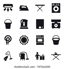 16 vector icon set : air conditioning, iron, iron board, washing machine, bucket, kettle, kitchen scales, vacuum cleaner, kitchen cleaning