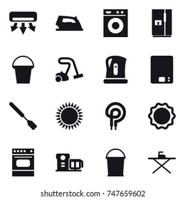 16 vector icon set : air conditioning, iron, washing machine, fridge, bucket, vacuum cleaner, kettle, kitchen scales, spatula, iron board
