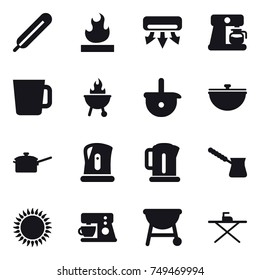 16 vector icon set : air conditioning, coffee maker, cup, bbq, cauldron, saute pan, kettle, turk, iron board