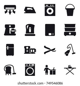 16 vector icon set : air conditioning, iron, washing machine, bucket, coffee maker, kettle, kitchen scales, pruner, vacuum cleaner, kitchen cleaning, iron board