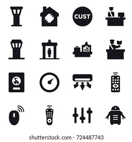 16 vector icon set : airport tower, smart house, detector, baggage checking, inspector, passport, barometer, air conditioning, remote control