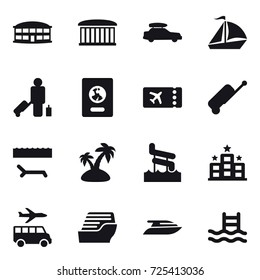 16 vector icon set : airport building, car baggage, sail boat, passenger, passport, ticket, suitcase, lounger, island, aquapark, hotel, transfer, cruise ship, yacht, pool