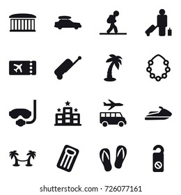16 vector icon set : airport building, car baggage, tourist, passenger, ticket, suitcase, palm, hawaiian wreath, diving mask, hotel, transfer, jet ski, palm hammock, inflatable mattress, flip-flops