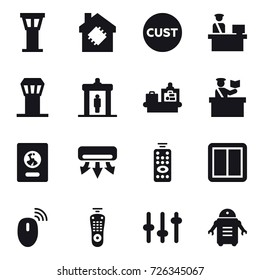 16 vector icon set : airport tower, smart house, detector, baggage checking, inspector, passport, air conditioning, remote control, power switch