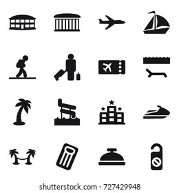 16 vector icon set : airport building, plane, sail boat, tourist, passenger, ticket, lounger, palm, aquapark, hotel, jet ski, palm hammock, inflatable mattress, service bell, do not distrub