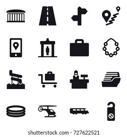 16 vector icon set : airport building, detector, suitcase iocn, hawaiian wreath, aquapark, baggage trolley, reception, cruise ship, inflatable pool, do not distrub
