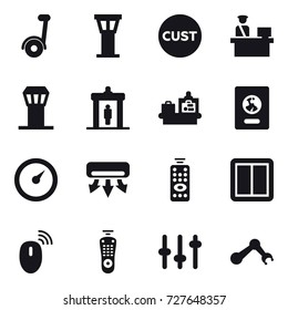 16 vector icon set : airport tower, detector, baggage checking, passport, barometer, air conditioning, remote control, power switch