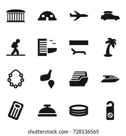 16 vector icon set : airport building, dome house, plane, car baggage, tourist, hotel, lounger, palm, hawaiian wreath, golf, cruise ship, yacht, inflatable mattress, service bell, inflatable pool