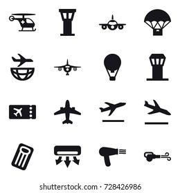 16 vector icon set : airport tower, plane, air ballon, ticket, airplane, departure, arrival, inflatable mattress, air conditioning, hair dryer, blower