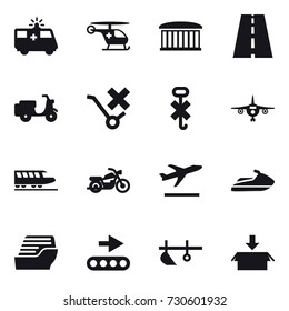 16 vector icon set : airport building, plane, train, motorcycle, departure, jet ski, cruise ship, plow, package