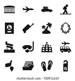 16 vector icon set : airport building, plane, car baggage, tourist, passport, suitcase, island, hawaiian wreath, aquapark, diving mask, hotel, transfer, golf, cruise ship, flip-flops, do not distrub