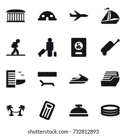 16 vector icon set : airport building, dome house, plane, sail boat, tourist, passenger, passport, suitcase, hotel, lounger, jet ski, cruise ship, palm hammock, inflatable mattress, service bell