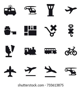 16 vector icon set : airport tower, train, bus, bike, airplane, departure, arrival