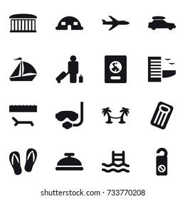 16 vector icon set : airport building, dome house, plane, car baggage, sail boat, passenger, passport, hotel, lounger, diving mask, palm hammock, inflatable mattress, flip-flops, service bell, pool