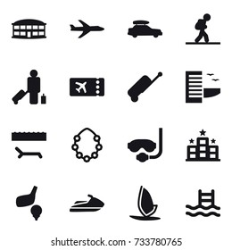 16 vector icon set : airport building, plane, car baggage, tourist, passenger, ticket, suitcase, hotel, lounger, hawaiian wreath, diving mask, golf, jet ski, windsurfing, pool