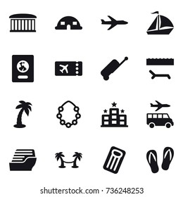 16 vector icon set : airport building, dome house, plane, sail boat, passport, ticket, suitcase, lounger, palm, hawaiian wreath, hotel, transfer, cruise ship, palm hammock, inflatable mattress