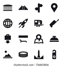 16 vector icon set : airport building, pyramid, trailer, suitcase, baggage get, lounger, map, service bell, landscape, inflatable pool, do not distrub