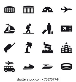 16 vector icon set : airport building, dome house, plane, sail boat, tourist, passenger, ticket, suitcase, palm, aquapark, hotel, transfer, jet ski, yacht, inflatable pool