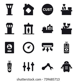 16 vector icon set : airport tower, smart house, detector, baggage checking, inspector, passport, barometer, air conditioning, remote control