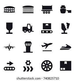 16 vector icon set : airport building, plane, airport tower, departure, jet ski, wheel, package