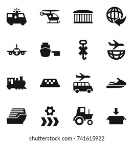 16 vector icon set : airport building, train, taxi, transfer, jet ski, cruise ship, tractor, package