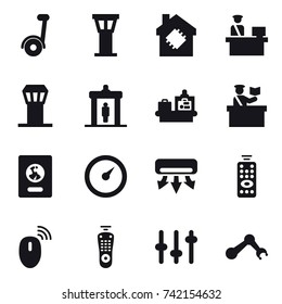 16 vector icon set :airport tower, smart house, detector, baggage checking, inspector, passport, barometer, air conditioning, remote control