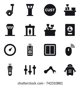 16 vector icon set : airport tower, detector, inspector, passport, barometer, remote control, power switch