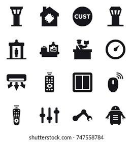 16 vector icon set : airport tower, smart house, detector, baggage checking, inspector, barometer, air conditioning, remote control, power switch