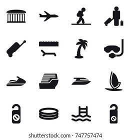 16 vector icon set : airport building, plane, tourist, passenger, suitcase, lounger, palm, diving mask, jet ski, cruise ship, yacht, windsurfing, do not distrub, inflatable pool, pool