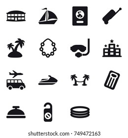 16 vector icon set : airport building, sail boat, passport, suitcase, island, hawaiian wreath, diving mask, hotel, transfer, jet ski, palm hammock, inflatable mattress, service bell, do not distrub