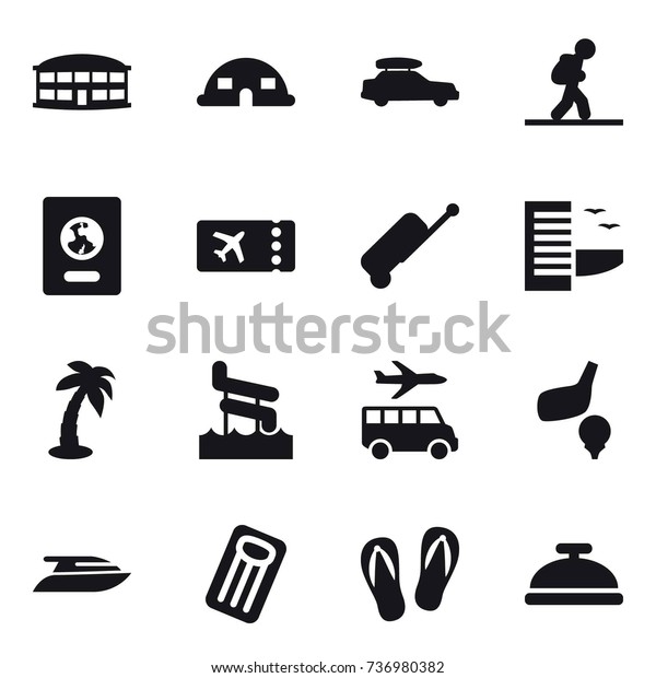 16 vector icon set : airport building, dome house,\
car baggage, tourist, passport, ticket, suitcase, hotel, palm,\
aquapark, transfer, golf, yacht, inflatable mattress, flip-flops,\
service bell