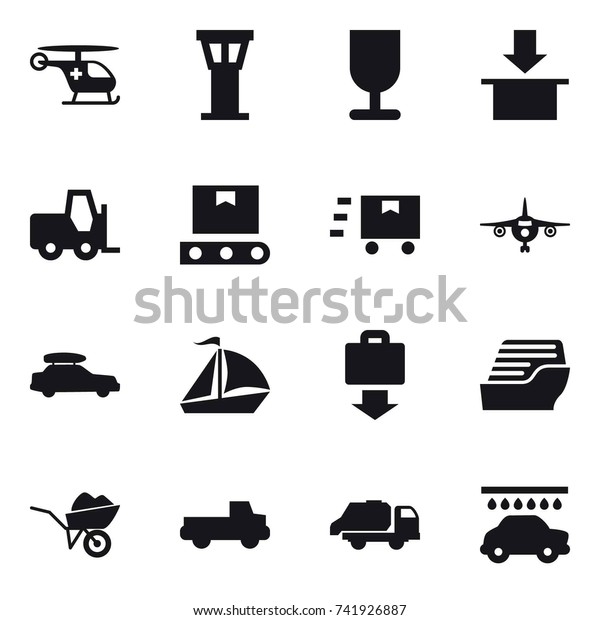 16 vector icon set : airport tower, plane, car\
baggage, sail boat, baggage get, cruise ship, wheelbarrow, pickup,\
trash truck, car wash