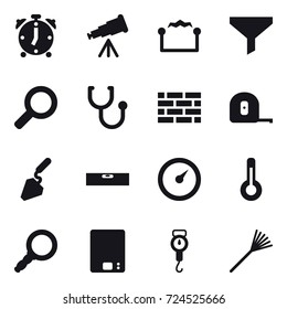 16 vector icon set : alarm clock, telescope, electrostatic, funnel, brick wall, measuring tape, construction, level, barometer, thermometer, kitchen scales, handle scales, rake